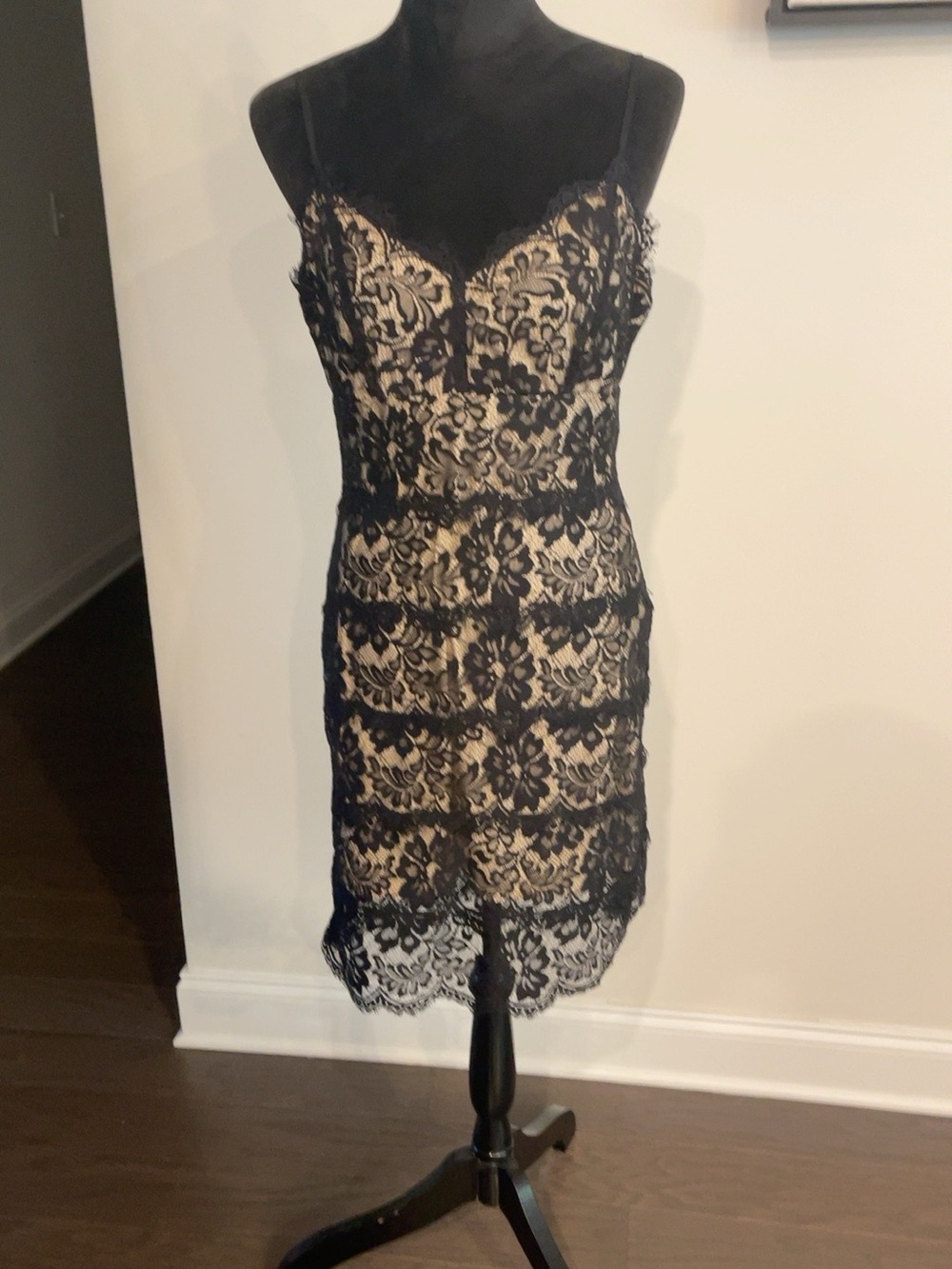 WOW Couture Black Lace Nude Cocktail Dress Size Large Bodycon Midi